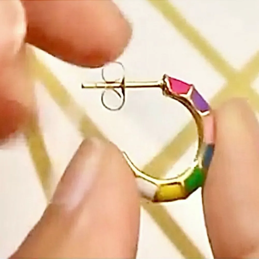 Multicolor Ceramic Mini Hoop Huggie Earring Colorblock Design NIB 18kgold plate